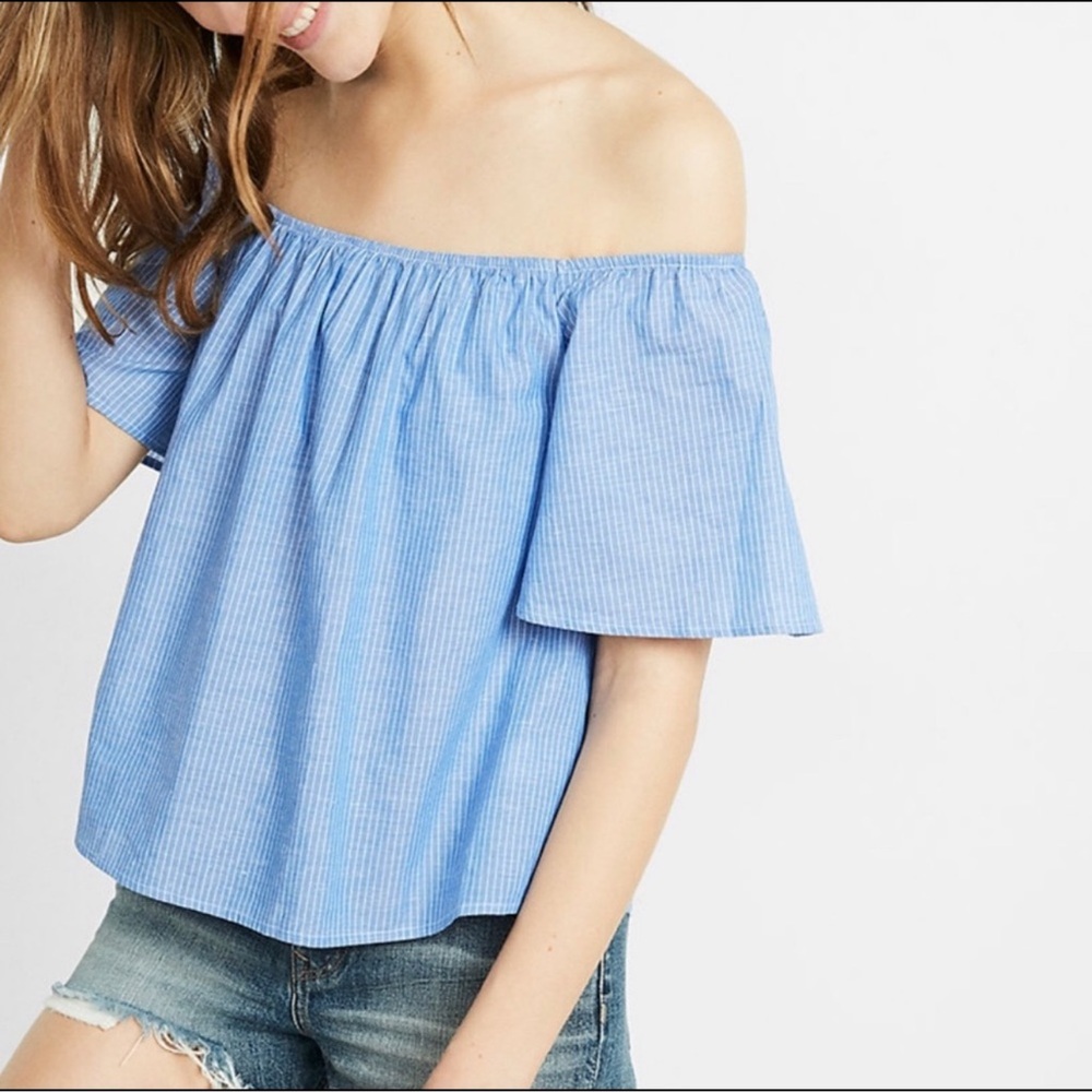 NEW‎ EXPRESS Blue Thin Stripe Off The Shoulder Top Linen Blend Sz M